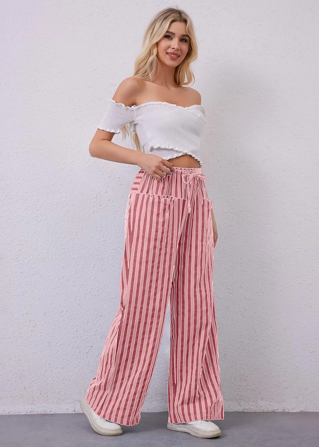 Women Striped Drawstring Wide Leg Pants Loose Low Waist Casual Trousers Contrast Comfy Lounge Pants with Pockets