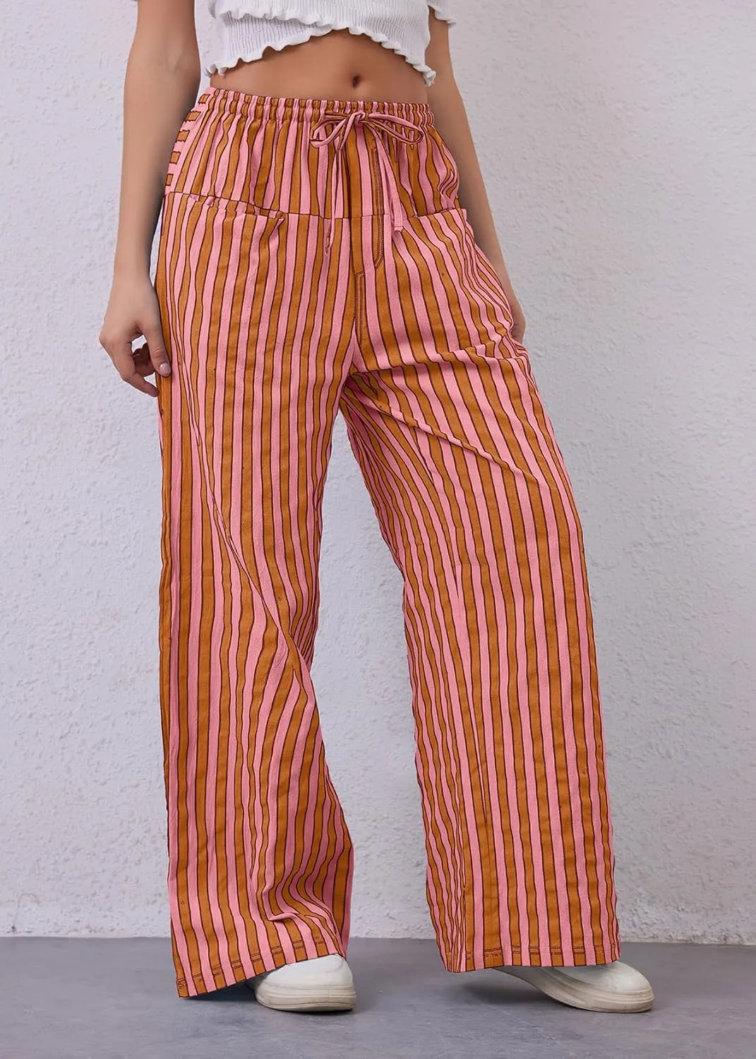 Women Striped Drawstring Wide Leg Pants Loose Low Waist Casual Trousers Contrast Comfy Lounge Pants with Pockets