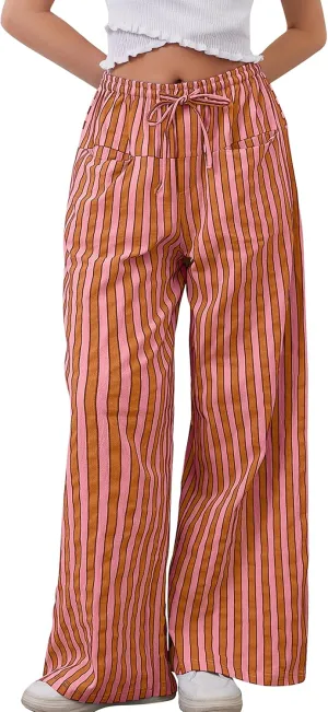 Women Striped Drawstring Wide Leg Pants Loose Low Waist Casual Trousers Contrast Comfy Lounge Pants with Pockets