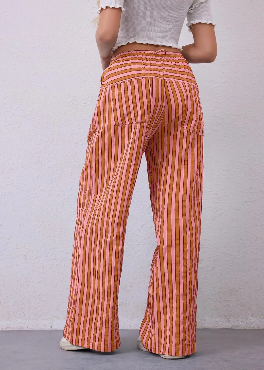 Women Striped Drawstring Wide Leg Pants Loose Low Waist Casual Trousers Contrast Comfy Lounge Pants with Pockets