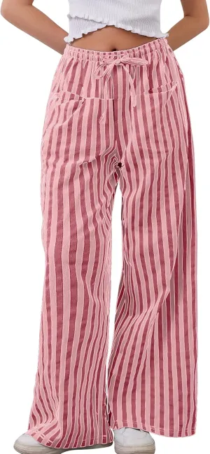 Women Striped Drawstring Wide Leg Pants Loose Low Waist Casual Trousers Contrast Comfy Lounge Pants with Pockets