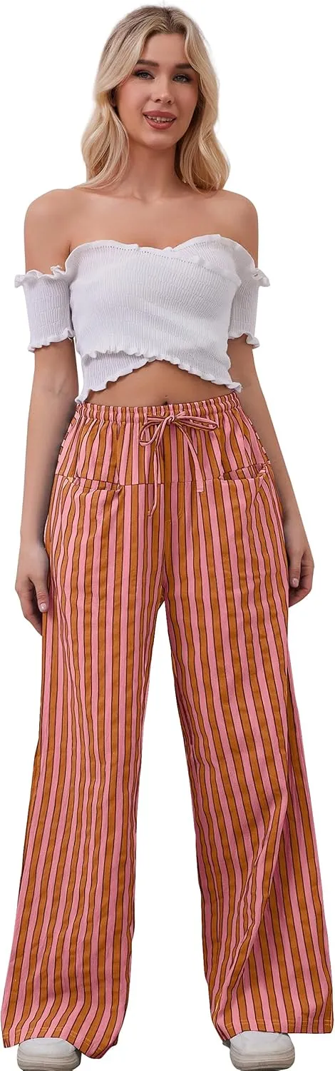 Women Striped Drawstring Wide Leg Pants Loose Low Waist Casual Trousers Contrast Comfy Lounge Pants with Pockets