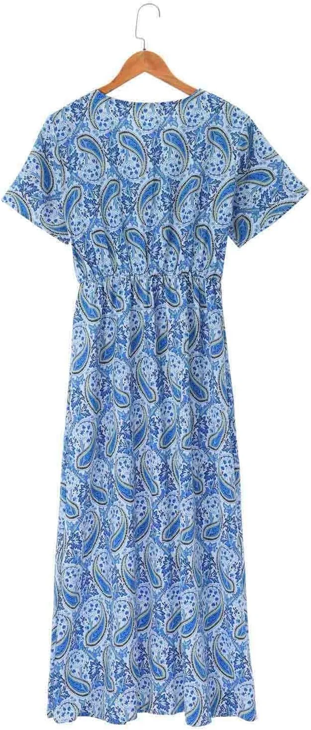 Women Summer Bohemian Floral Casual Wrap V Neck Ruffle Cap Sleeveless Belt A-Line Pleated Hem Midi Sun Dress White