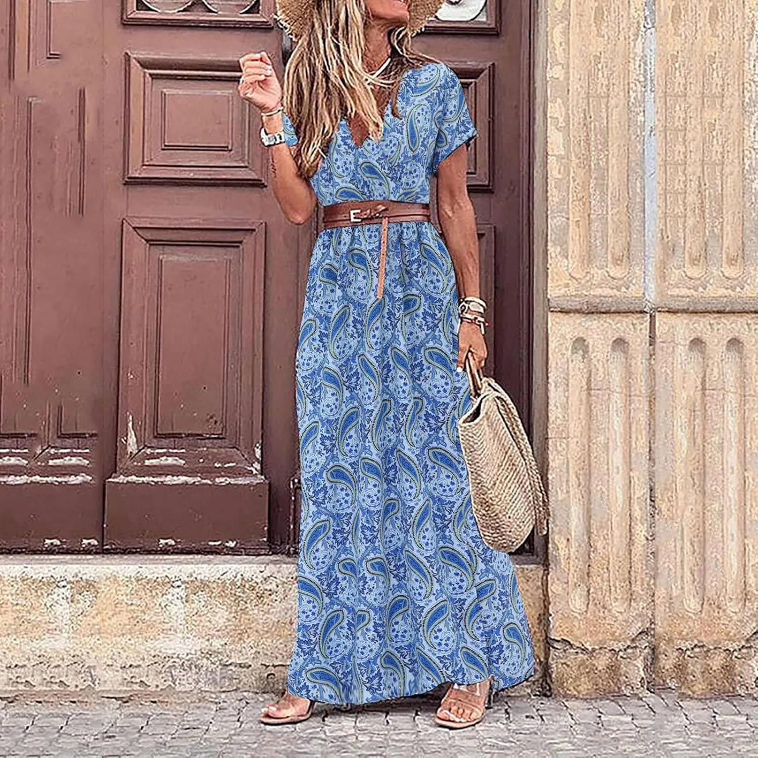 Women Summer Bohemian Floral Casual Wrap V Neck Ruffle Cap Sleeveless Belt A-Line Pleated Hem Midi Sun Dress White