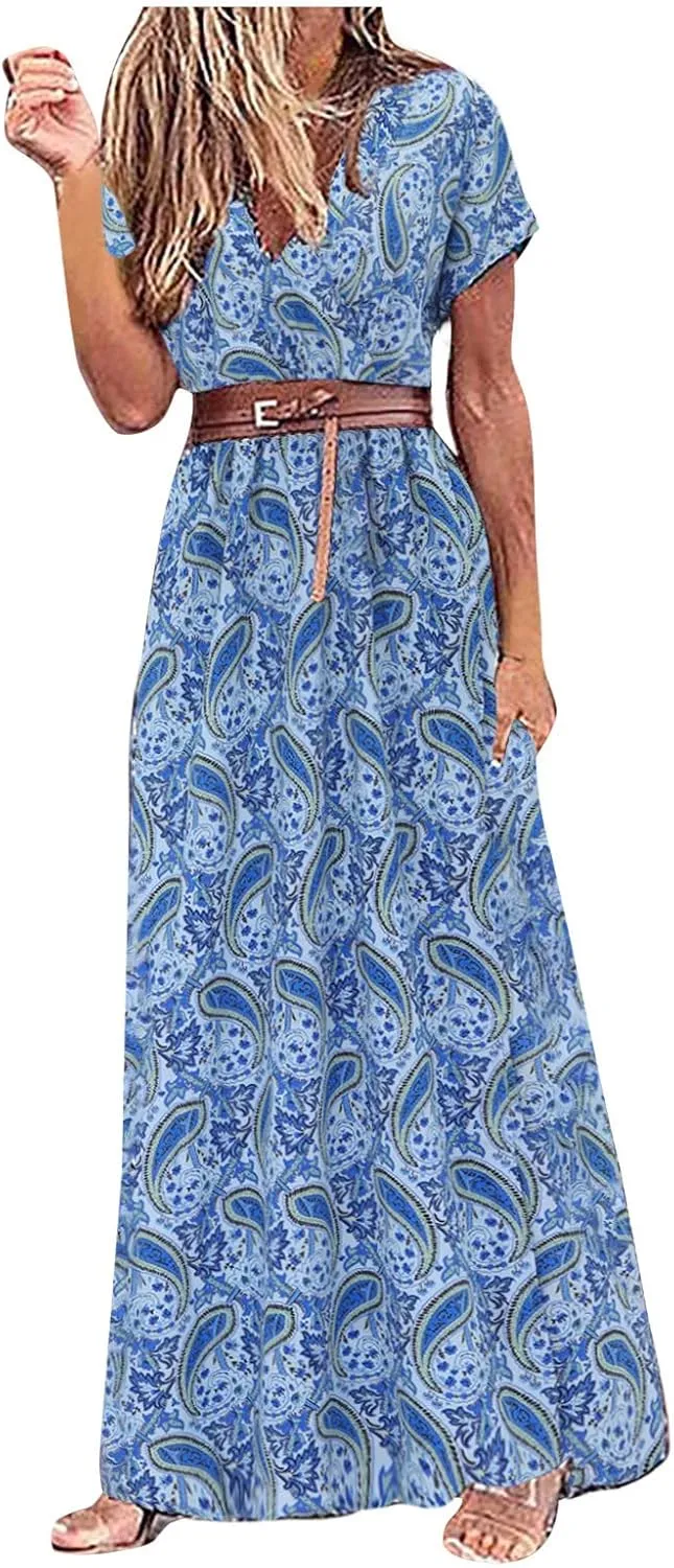 Women Summer Bohemian Floral Casual Wrap V Neck Ruffle Cap Sleeveless Belt A-Line Pleated Hem Midi Sun Dress White