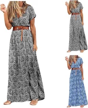 Women Summer Bohemian Floral Casual Wrap V Neck Ruffle Cap Sleeveless Belt A-Line Pleated Hem Midi Sun Dress White