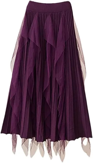 Women Tulle Patchwork Knitted Skirt Autumn Winter Elegant High Waist Pleated Midi Long Skirt