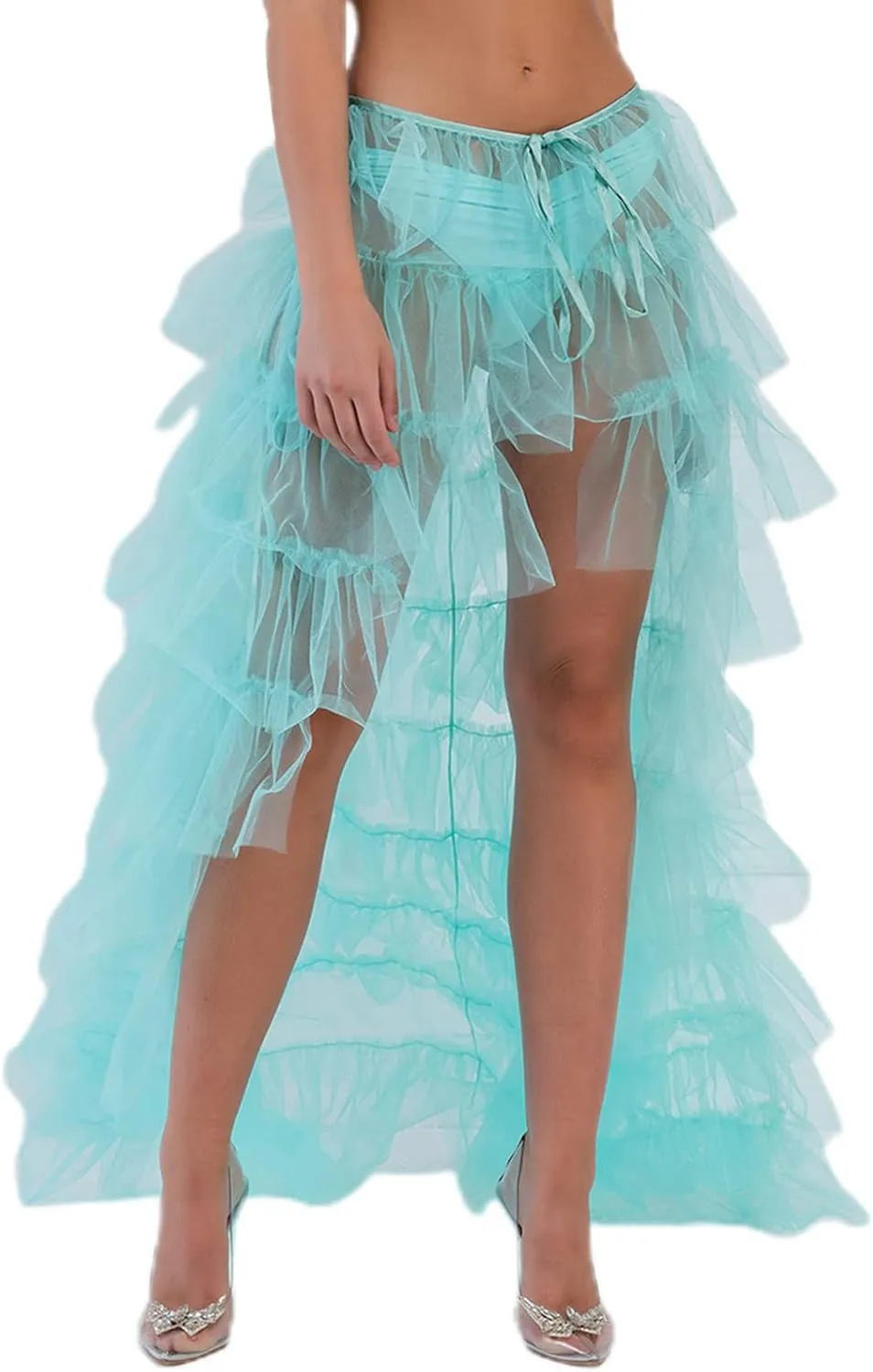 Women Tulle Skirt Floor Length High Waist Sheer Tulle Long Skirt Irregular Hem Lace-Up Puffy Skirt Party Prom Dresses