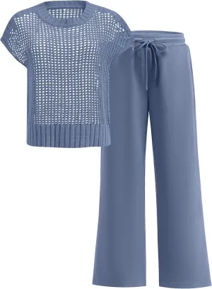 Women Two Piece Outfits Crochet Sheer Knit Sweater Top Wide Leg Pants Lounge Matching Sets Sweatsuit Travel Clothes