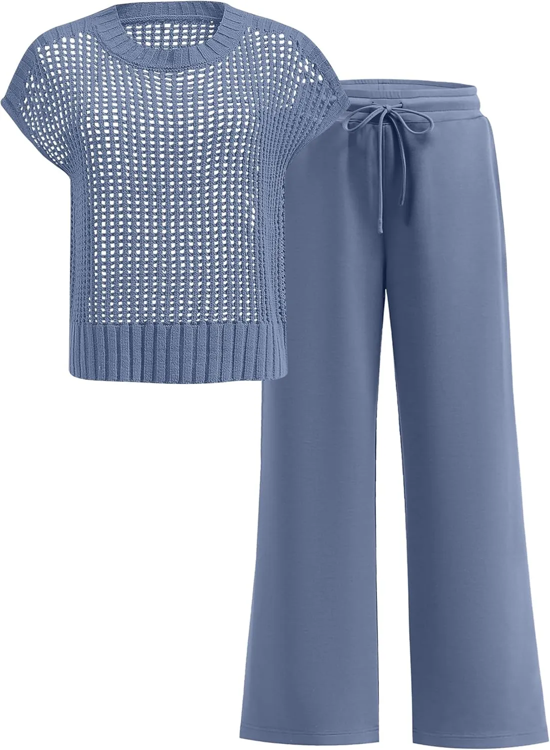 Women Two Piece Outfits Crochet Sheer Knit Sweater Top Wide Leg Pants Lounge Matching Sets Sweatsuit Travel Clothes