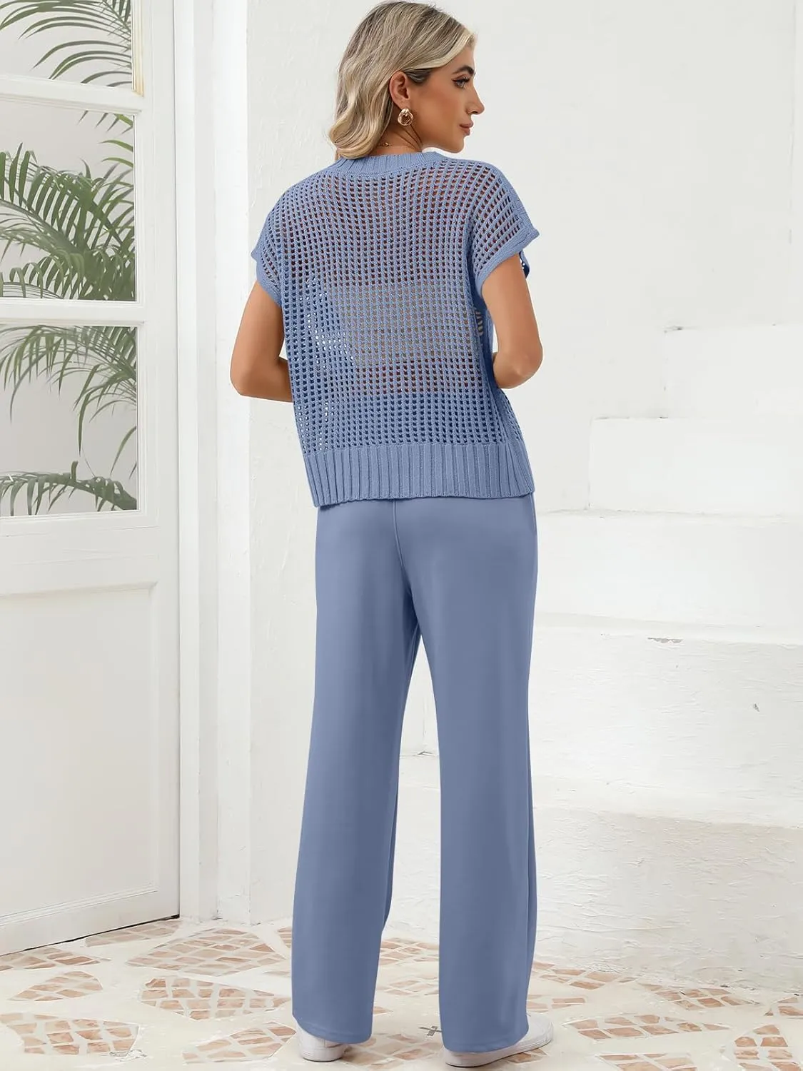Women Two Piece Outfits Crochet Sheer Knit Sweater Top Wide Leg Pants Lounge Matching Sets Sweatsuit Travel Clothes