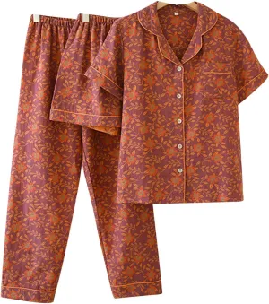Women Vintage 3 Piece Cotton Pajama Sets Boho Short Sleeve Sleepwear Button Down Shirts Set Shorts Pants Loungewear