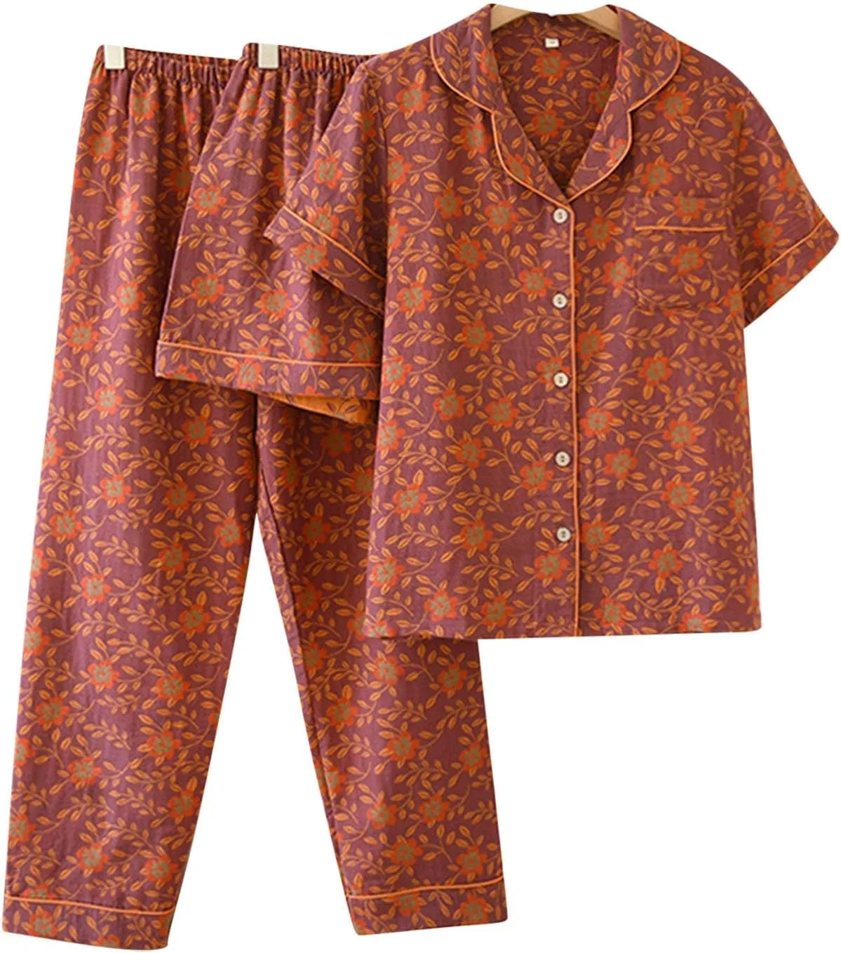 Women Vintage 3 Piece Cotton Pajama Sets Boho Short Sleeve Sleepwear Button Down Shirts Set Shorts Pants Loungewear