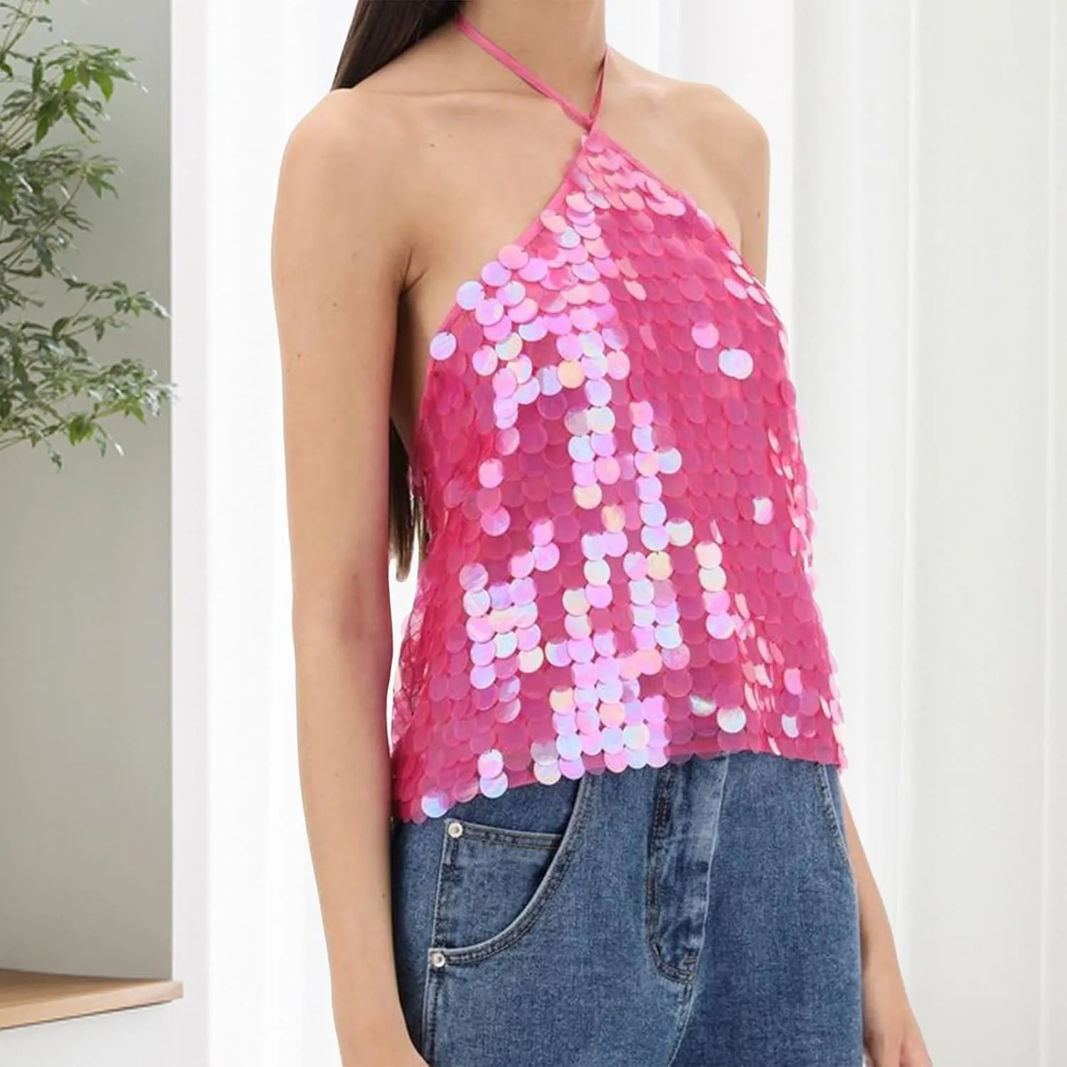 Women Y2k Sequin Tops Sleeveless Backless Spaghetti Strap Halter Top Club Party Rave Camisole