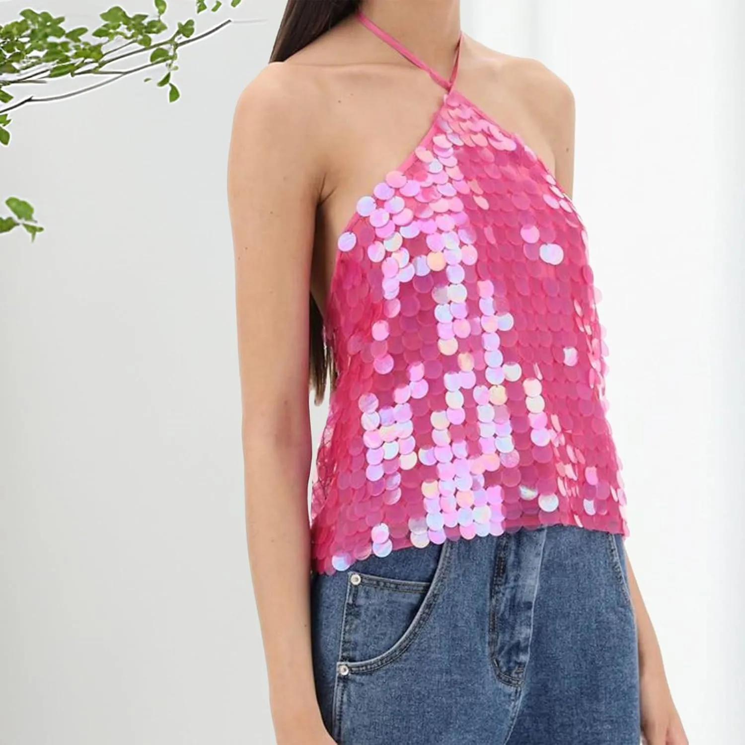 Women Y2k Sequin Tops Sleeveless Backless Spaghetti Strap Halter Top Club Party Rave Camisole