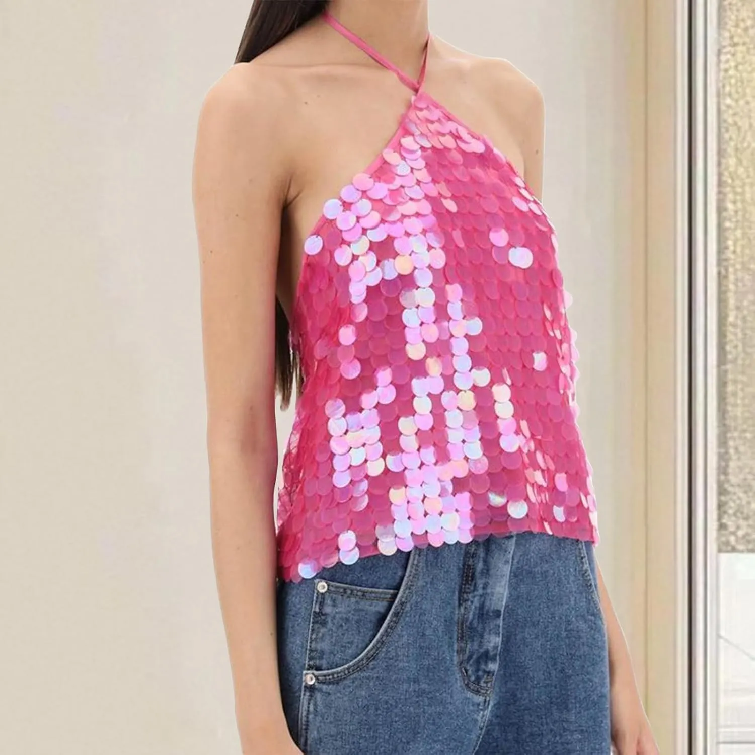 Women Y2k Sequin Tops Sleeveless Backless Spaghetti Strap Halter Top Club Party Rave Camisole
