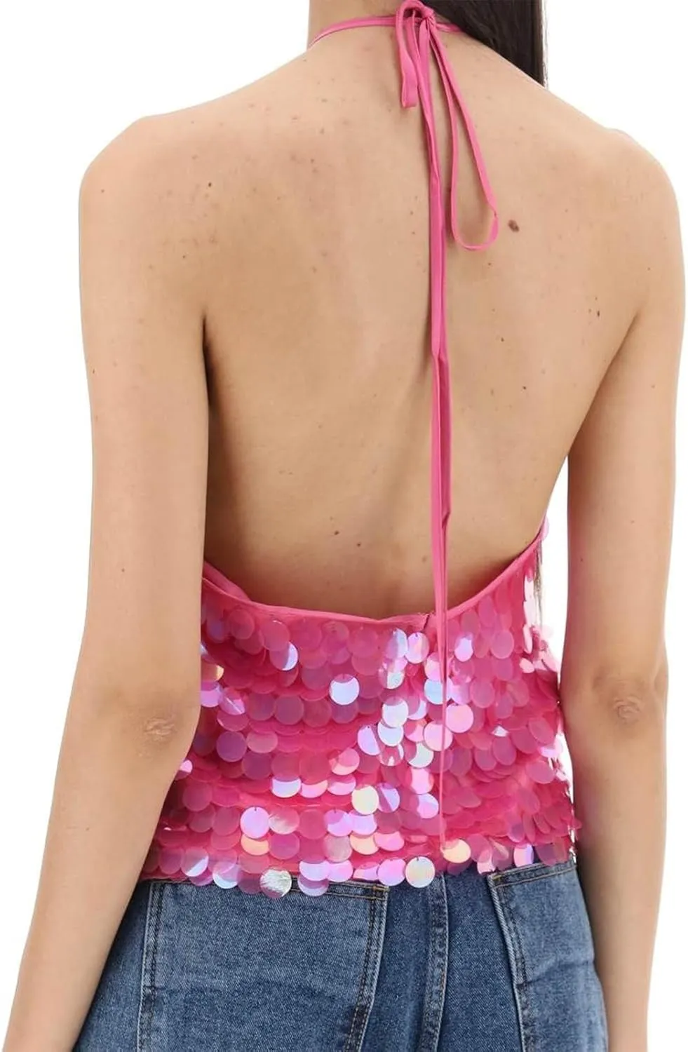 Women Y2k Sequin Tops Sleeveless Backless Spaghetti Strap Halter Top Club Party Rave Camisole