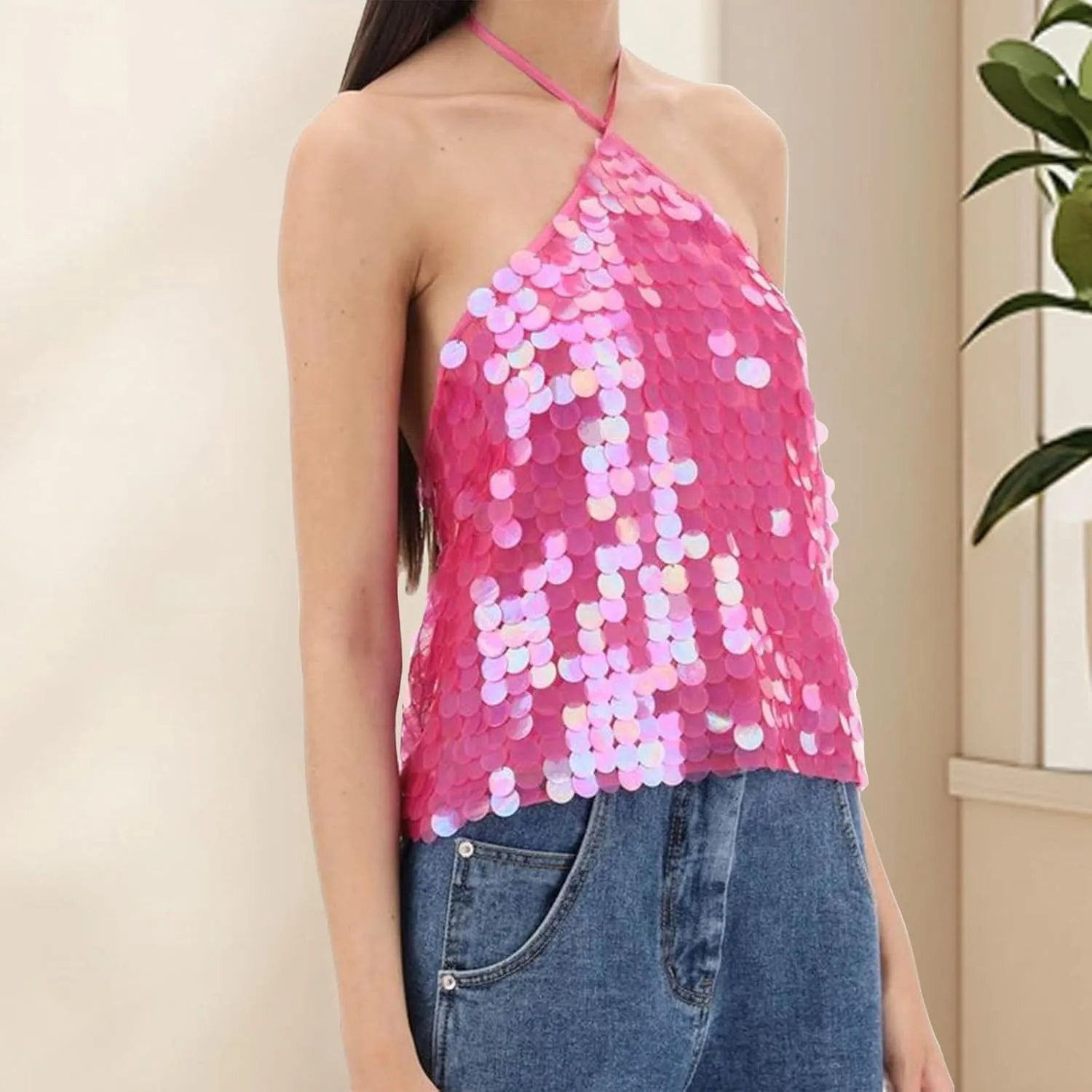 Women Y2k Sequin Tops Sleeveless Backless Spaghetti Strap Halter Top Club Party Rave Camisole
