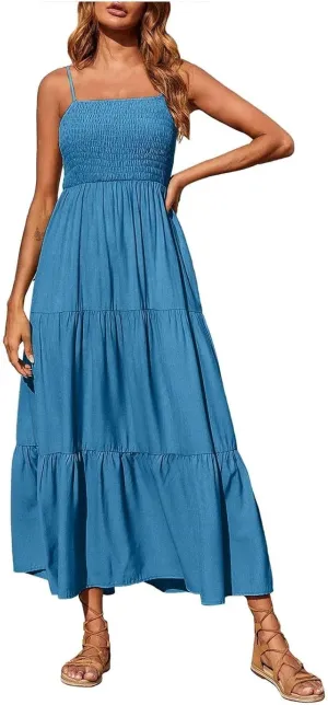 Women's 2025 Summer Flowy Maxi Dress Casual Sleeveless Spaghetti Strap Ruffle Beach Long Dresses