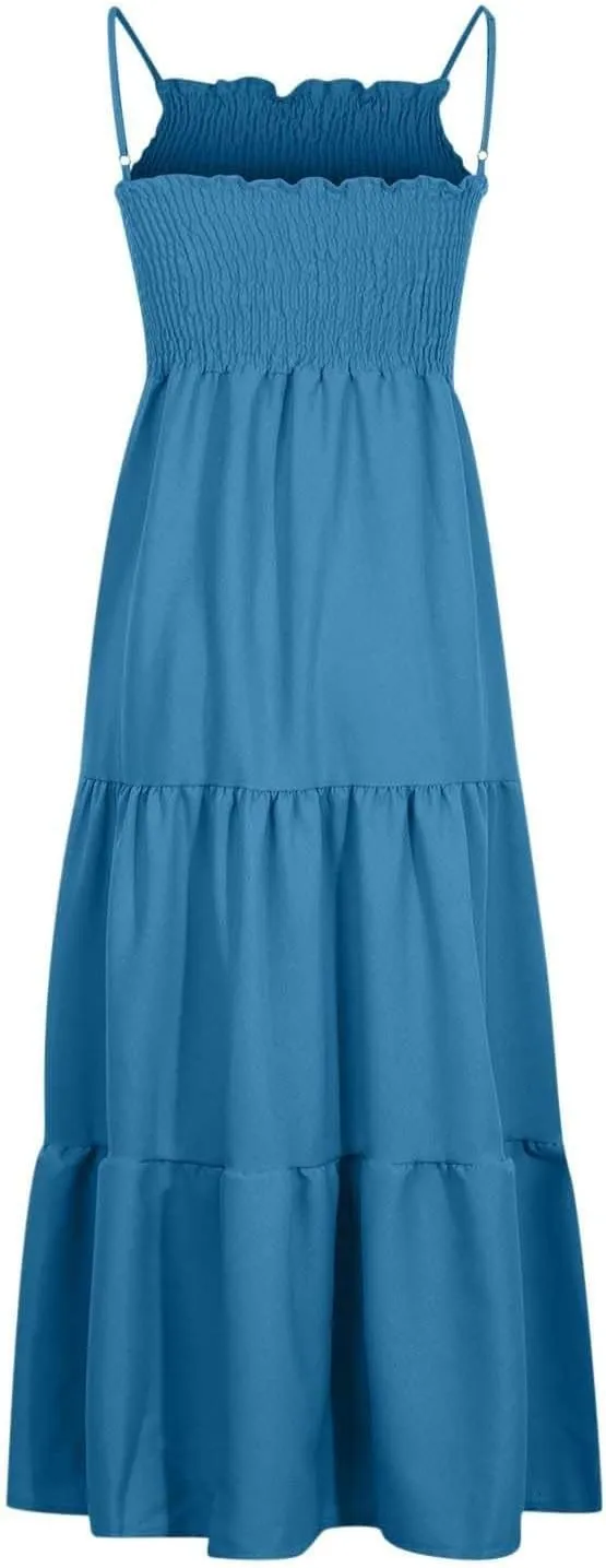 Women's 2025 Summer Flowy Maxi Dress Casual Sleeveless Spaghetti Strap Ruffle Beach Long Dresses