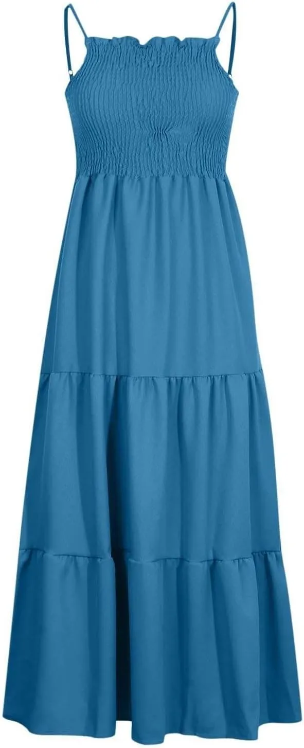 Women's 2025 Summer Flowy Maxi Dress Casual Sleeveless Spaghetti Strap Ruffle Beach Long Dresses