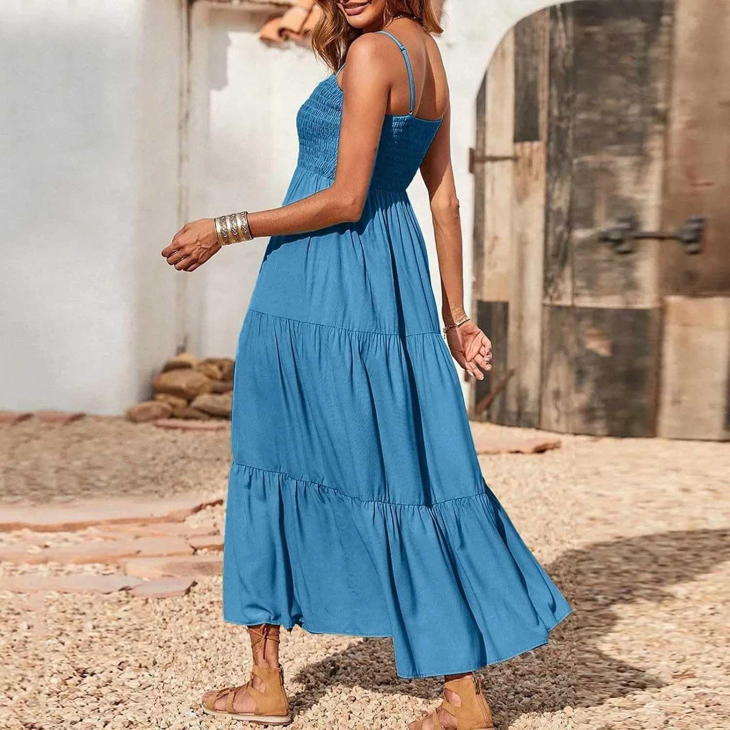 Women's 2025 Summer Flowy Maxi Dress Casual Sleeveless Spaghetti Strap Ruffle Beach Long Dresses