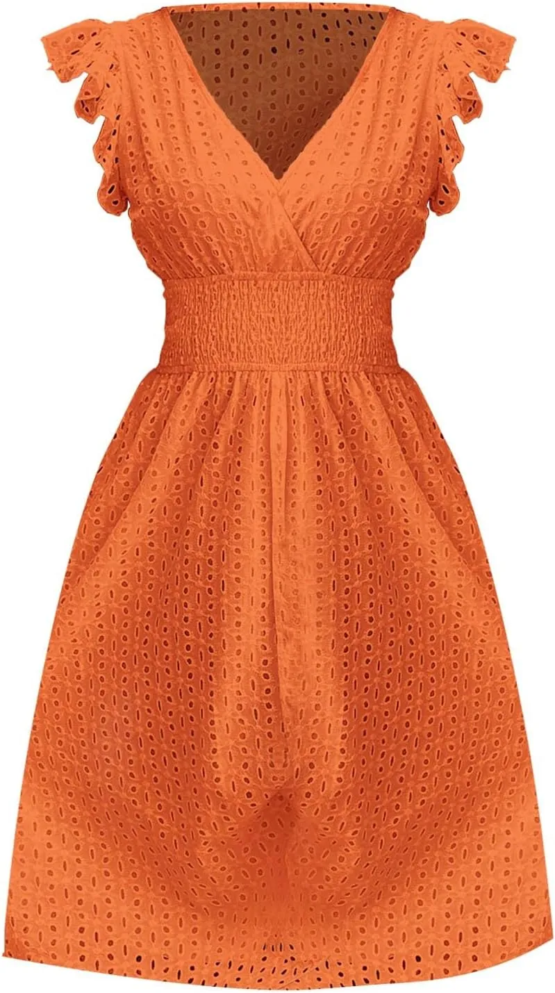 Womens 2025 Summer Short Dress V Neck Short Sleeve A Line Hollow Out Lace Ruffle Cute Casual Beach Party Dresses