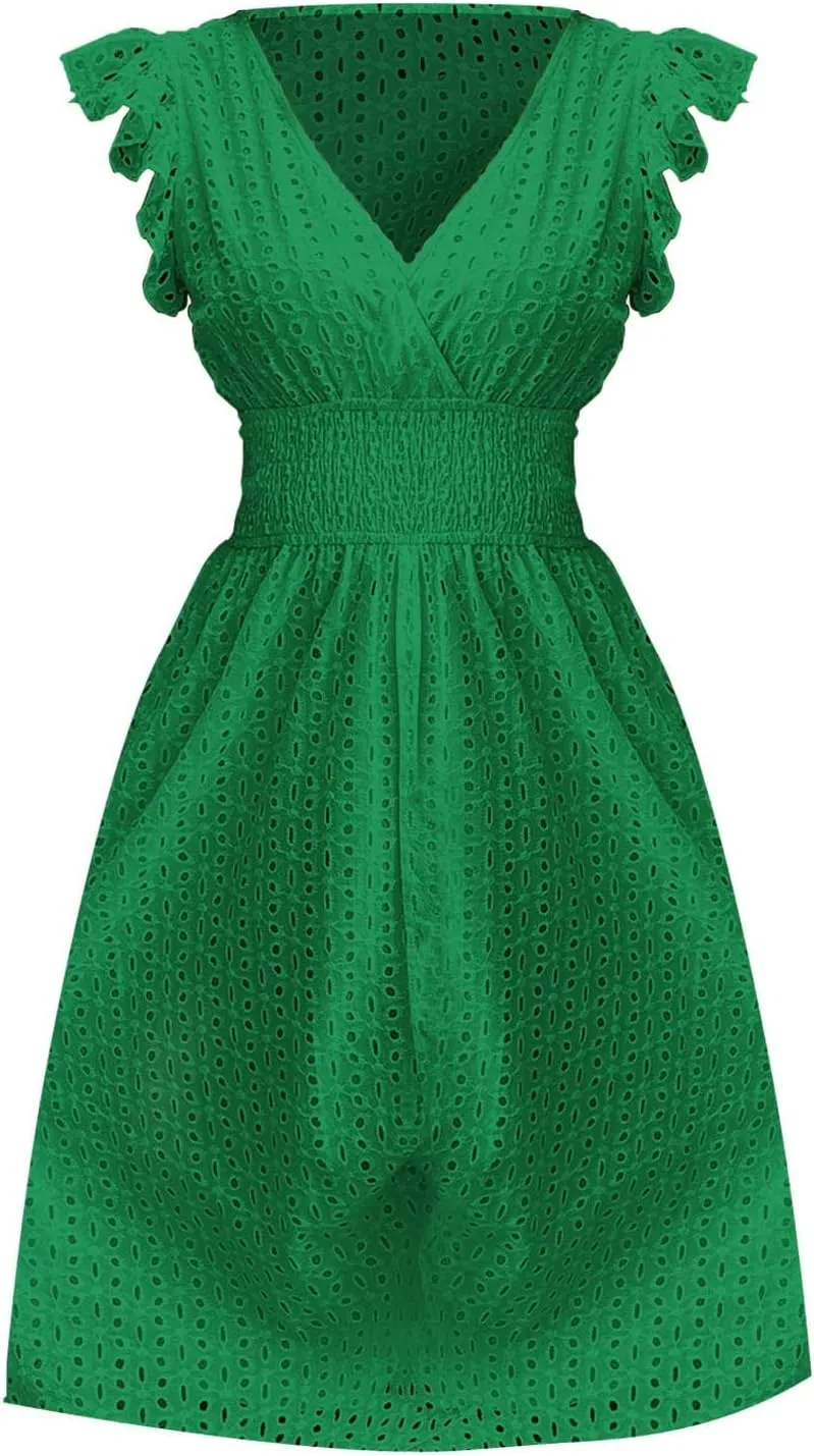 Womens 2025 Summer Short Dress V Neck Short Sleeve A Line Hollow Out Lace Ruffle Cute Casual Beach Party Dresses