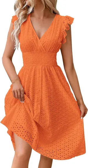 Womens 2025 Summer Short Dress V Neck Short Sleeve A Line Hollow Out Lace Ruffle Cute Casual Beach Party Dresses