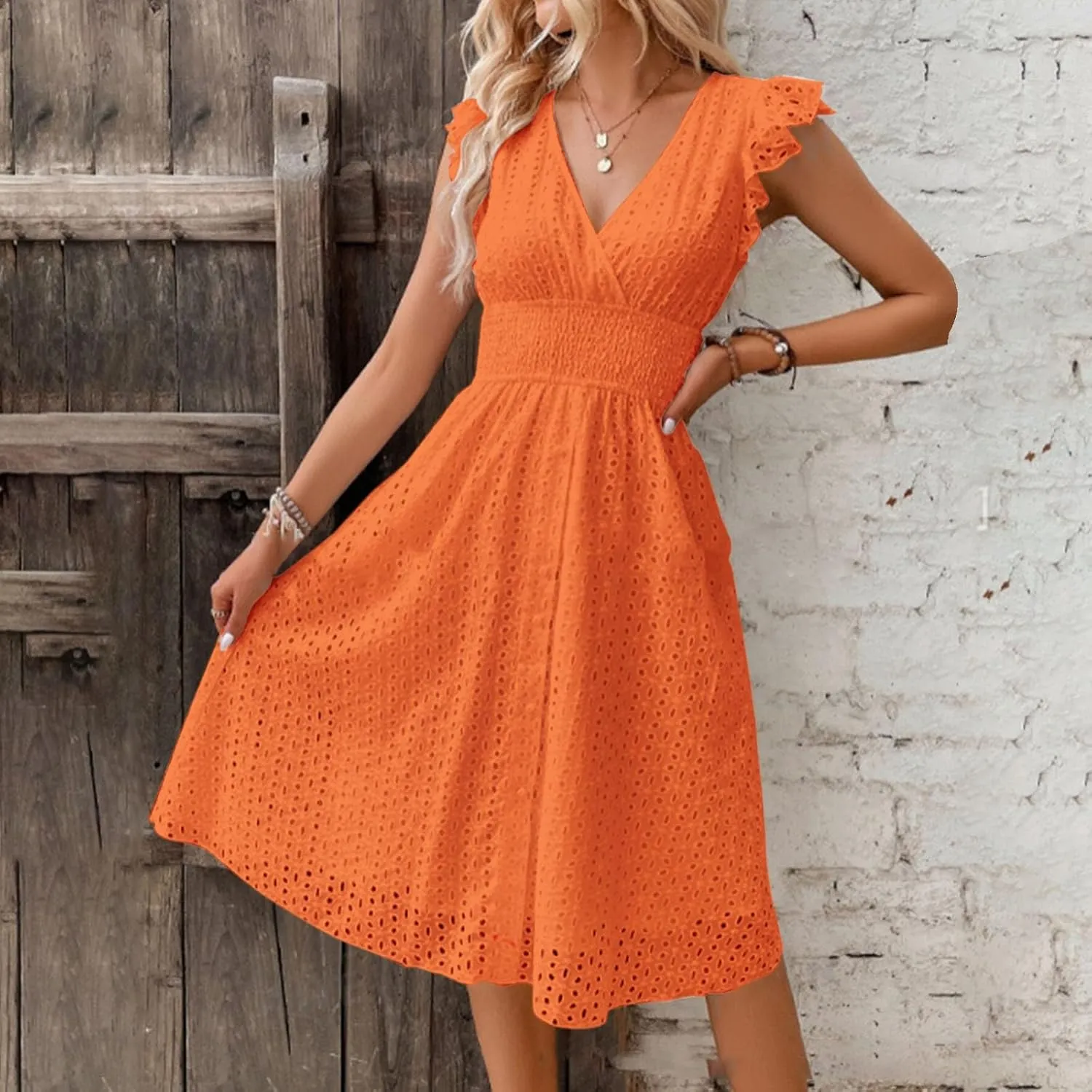Womens 2025 Summer Short Dress V Neck Short Sleeve A Line Hollow Out Lace Ruffle Cute Casual Beach Party Dresses