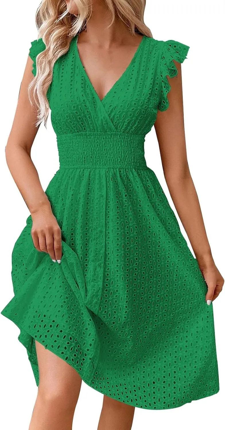 Womens 2025 Summer Short Dress V Neck Short Sleeve A Line Hollow Out Lace Ruffle Cute Casual Beach Party Dresses
