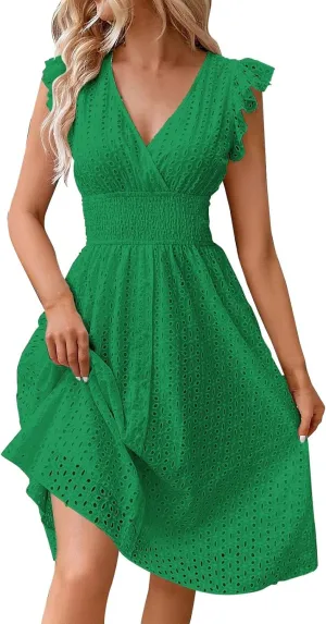 Womens 2025 Summer Short Dress V Neck Short Sleeve A Line Hollow Out Lace Ruffle Cute Casual Beach Party Dresses