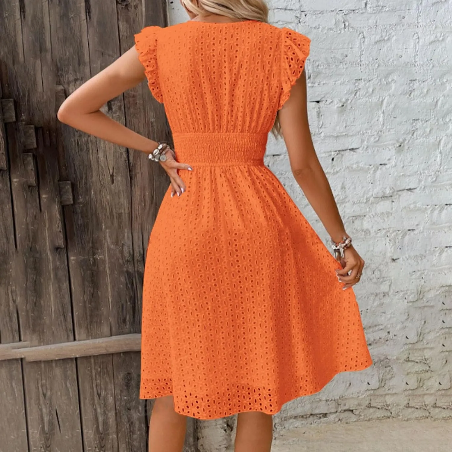 Womens 2025 Summer Short Dress V Neck Short Sleeve A Line Hollow Out Lace Ruffle Cute Casual Beach Party Dresses