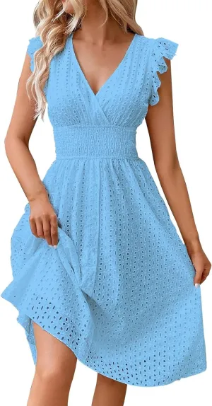 Womens 2025 Summer Short Dress V Neck Short Sleeve A Line Hollow Out Lace Ruffle Cute Casual Beach Party Dresses
