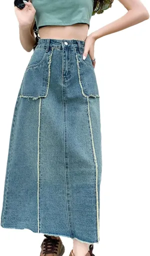 Women's 4 Big Pockets Fringed Denim Skirts High Waisted Retro Washed Denim Skirt Casual Loose Midi Skirt