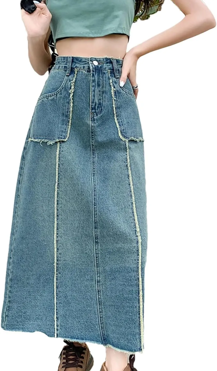Women's 4 Big Pockets Fringed Denim Skirts High Waisted Retro Washed Denim Skirt Casual Loose Midi Skirt