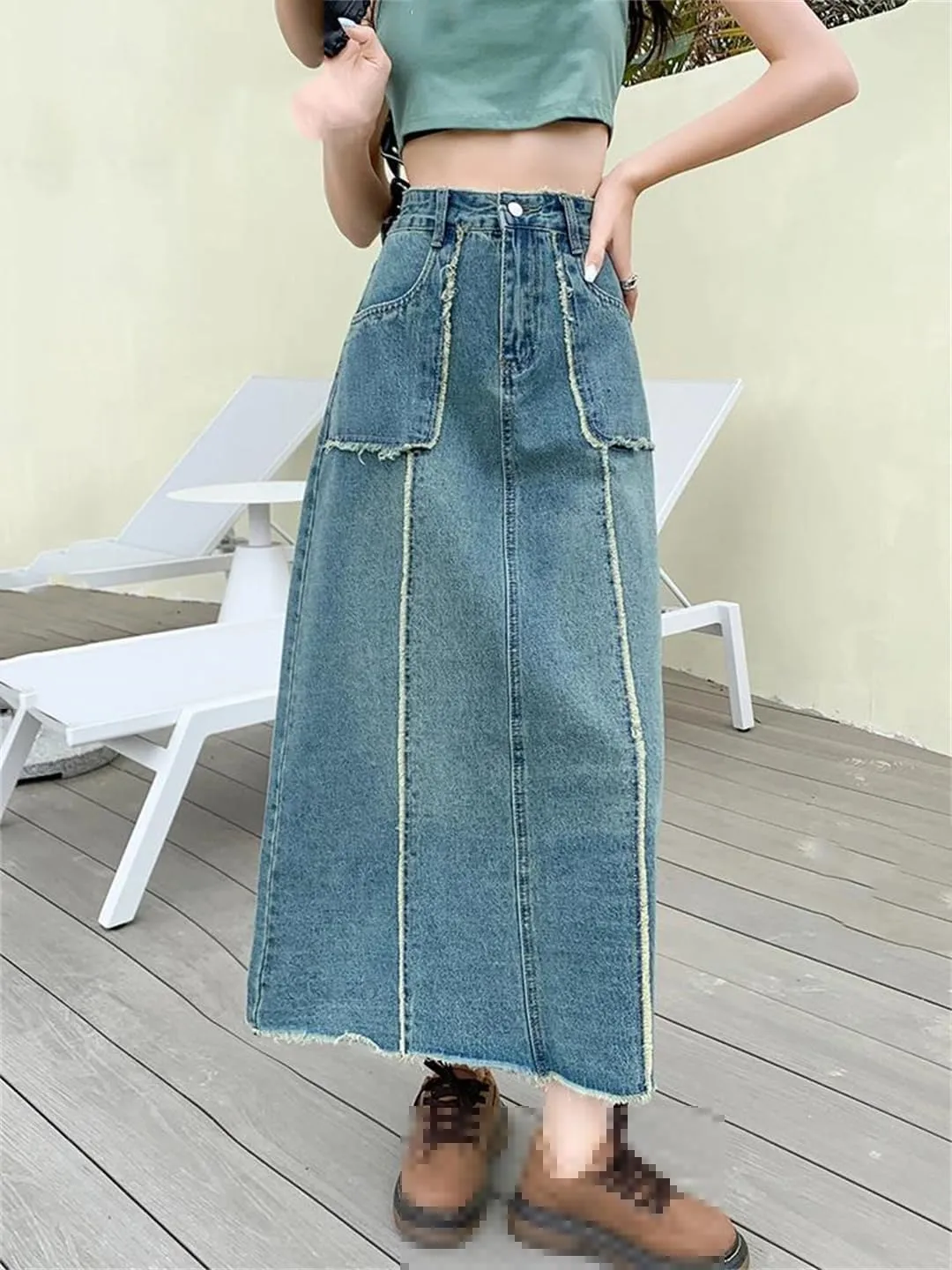 Women's 4 Big Pockets Fringed Denim Skirts High Waisted Retro Washed Denim Skirt Casual Loose Midi Skirt