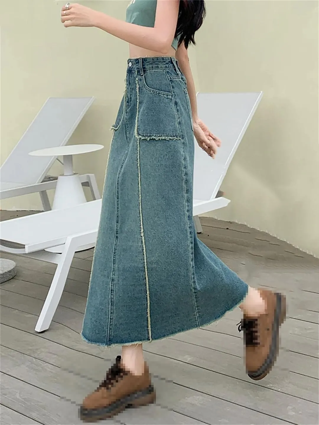 Women's 4 Big Pockets Fringed Denim Skirts High Waisted Retro Washed Denim Skirt Casual Loose Midi Skirt