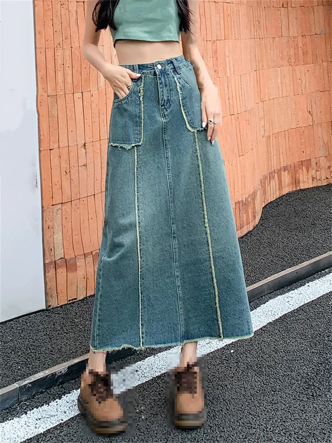 Women's 4 Big Pockets Fringed Denim Skirts High Waisted Retro Washed Denim Skirt Casual Loose Midi Skirt