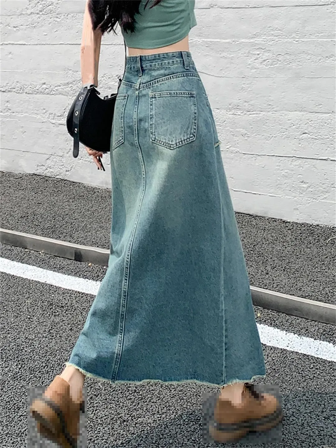 Women's 4 Big Pockets Fringed Denim Skirts High Waisted Retro Washed Denim Skirt Casual Loose Midi Skirt