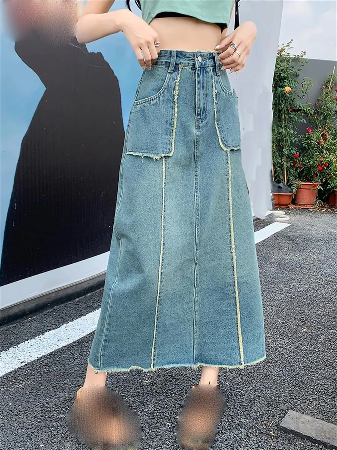 Women's 4 Big Pockets Fringed Denim Skirts High Waisted Retro Washed Denim Skirt Casual Loose Midi Skirt