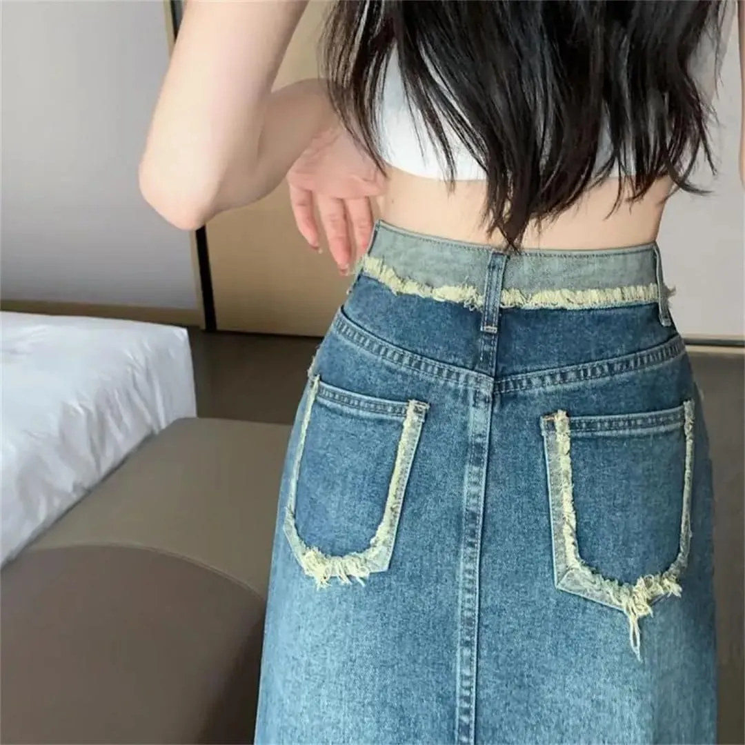 Women's 5 Pockets Fringed Denim Skirt with Front Slit High Waisted Retro Washed Jeans Skirts for Work