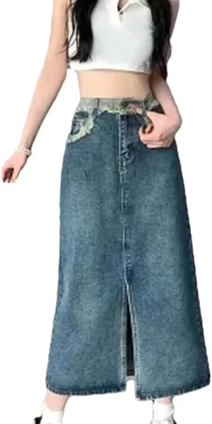 Women's 5 Pockets Fringed Denim Skirt with Front Slit High Waisted Retro Washed Jeans Skirts for Work