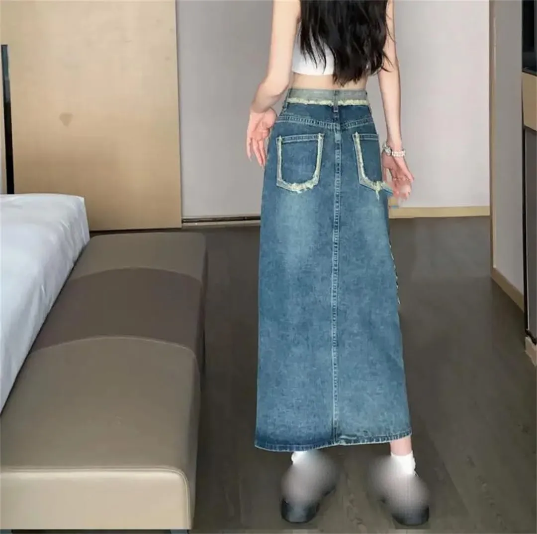 Women's 5 Pockets Fringed Denim Skirt with Front Slit High Waisted Retro Washed Jeans Skirts for Work