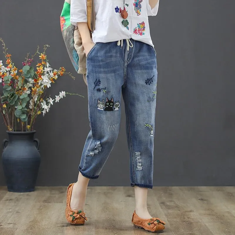 Women's Baggy Drawstring Elastic Waist Cropped Jeans Casual Loose Floral Embroidered Capri Harem Denim Pants
