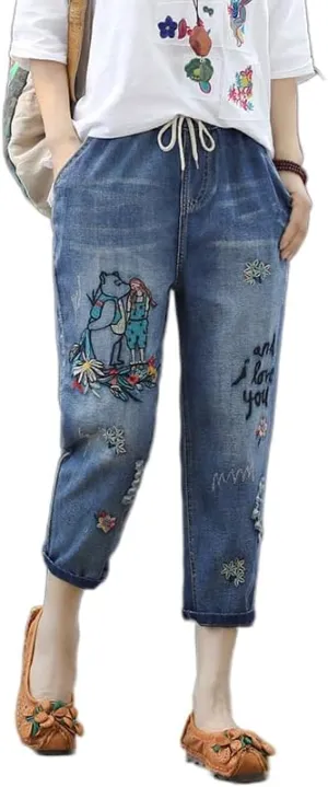 Women's Baggy Drawstring Elastic Waist Cropped Jeans Casual Loose Floral Embroidered Capri Harem Denim Pants