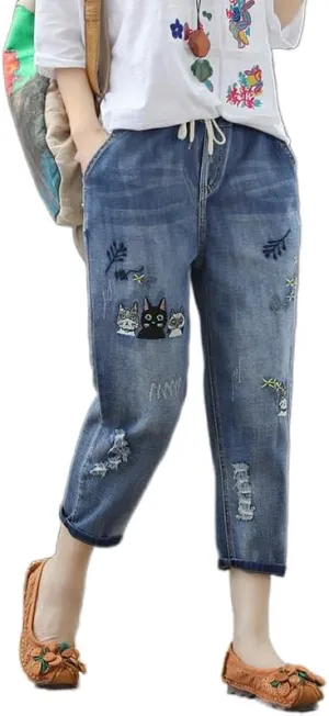 Women's Baggy Drawstring Elastic Waist Cropped Jeans Casual Loose Floral Embroidered Capri Harem Denim Pants
