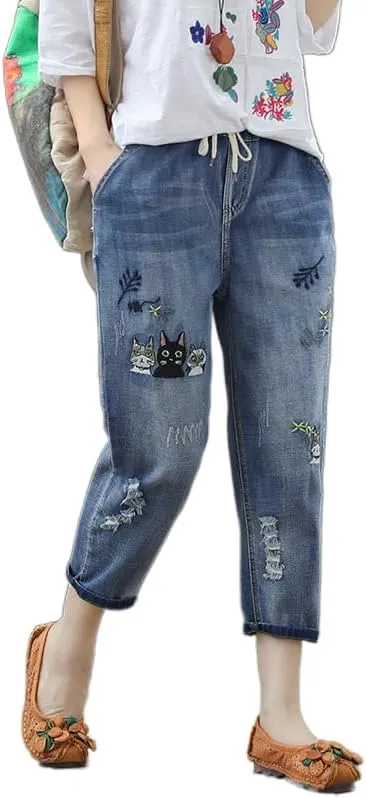 Women's Baggy Drawstring Elastic Waist Cropped Jeans Casual Loose Floral Embroidered Capri Harem Denim Pants