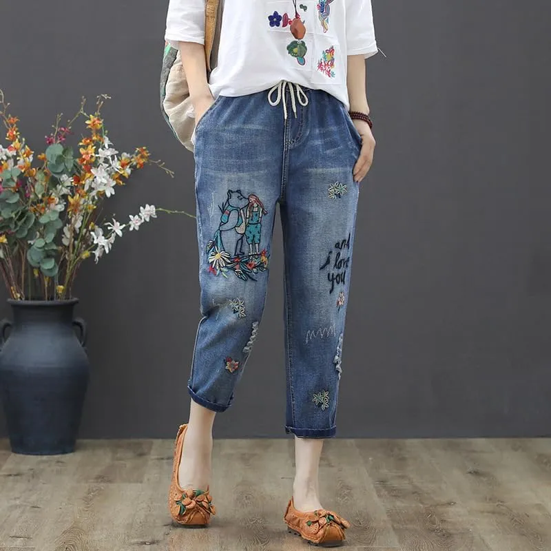 Women's Baggy Drawstring Elastic Waist Cropped Jeans Casual Loose Floral Embroidered Capri Harem Denim Pants
