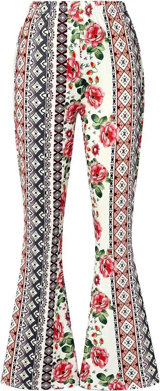 Womens Boho Flare Pants Retro Floral Print High Elastic Waist Bell Bottom Straight Wide Leg Yoga Palazzo Trousers